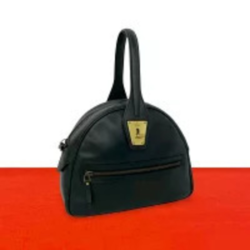Gucci Leather Turnlock Closure Round Zip Handbag Boston Bag Black